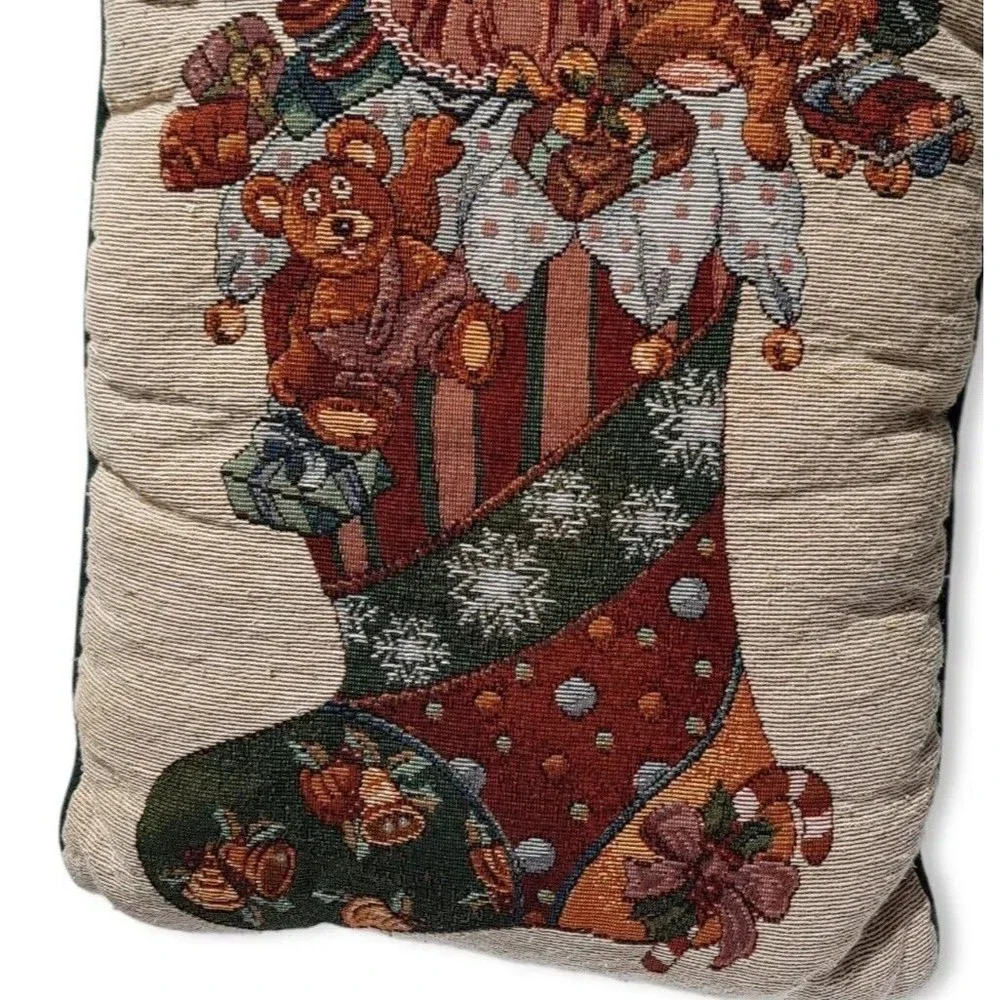 Vintage Christmas Tapestry Throw Pillow Cream Green Stocking Toys 16” X 12” Xmas